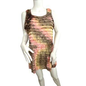 NY Collection Ruffled Blouse L Sleeveless Brown Yellow Pink Orange Tiered Dressy